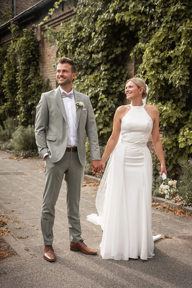 Brautpaar Hand in Hand vor einer efeubewachsenen Mauer, Hochzeit im Eichenstolz Ladenburg