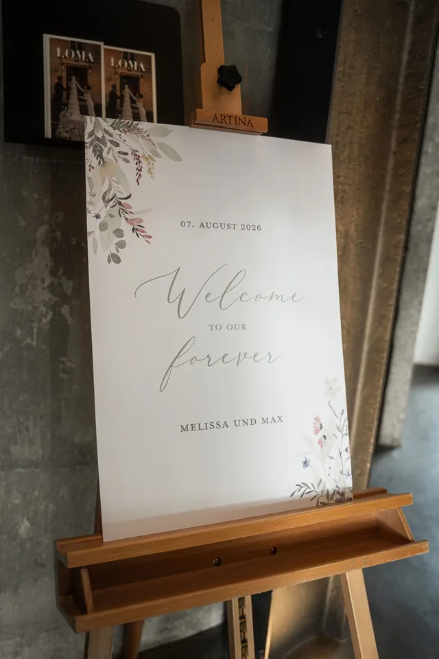 Willkommensschild auf der Staffelei, Hochzeit im Eichenstolz Ladenburg
